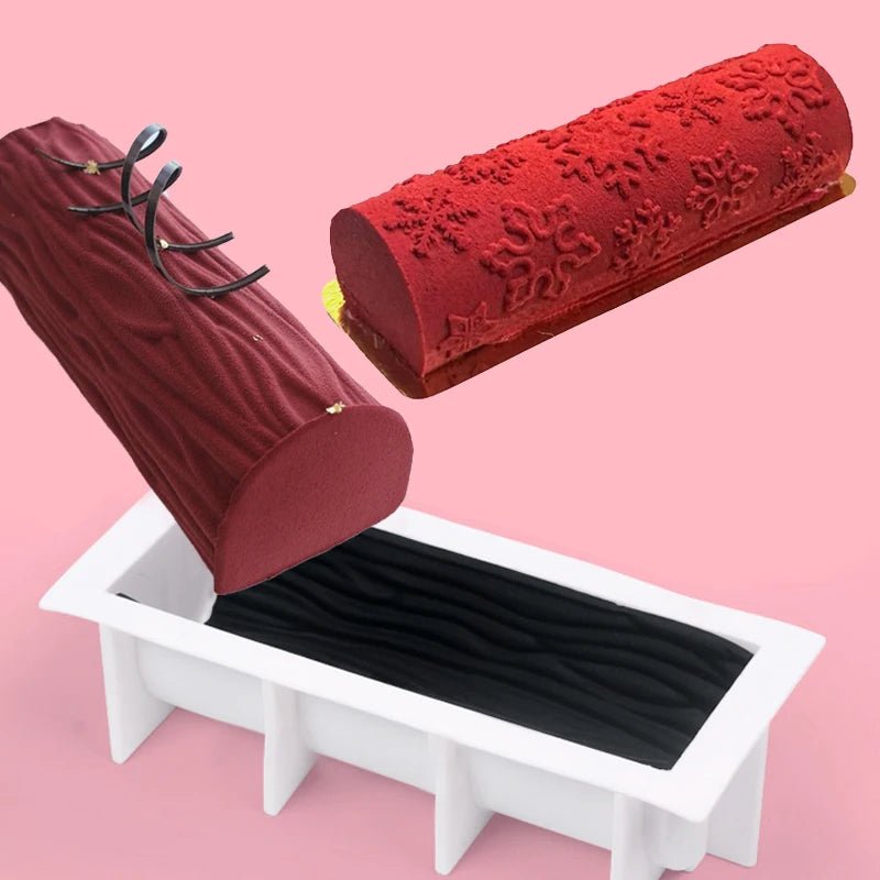 Moule à Bûche en Silicone : Créez des Desserts de Fête Inoubliables, 29,5 x 12,7 x 7,4 cm. Le tapis en silicone inclus au motif bois. - Outils Culinaires