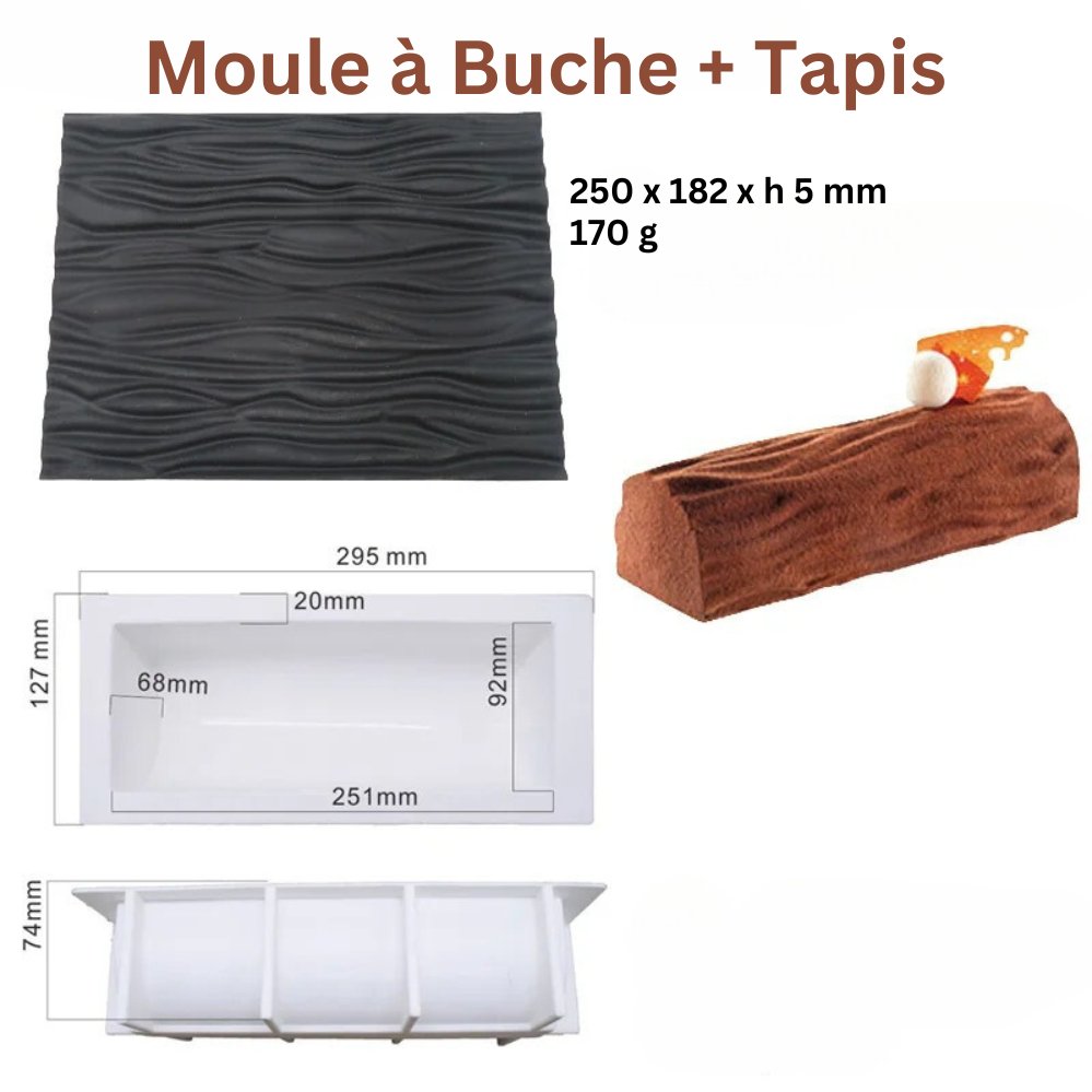 Moule à Bûche en Silicone : Créez des Desserts de Fête Inoubliables, 29,5 x 12,7 x 7,4 cm. Le tapis en silicone inclus au motif bois. - Outils Culinaires